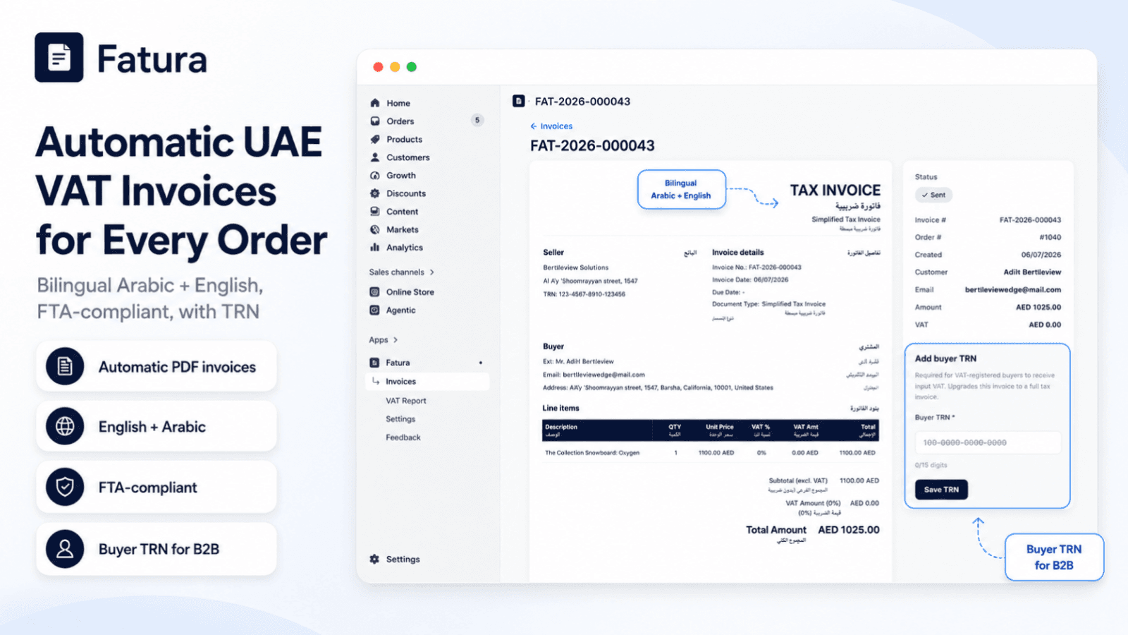 Fatura automatic bilingual UAE VAT invoice inside Shopify