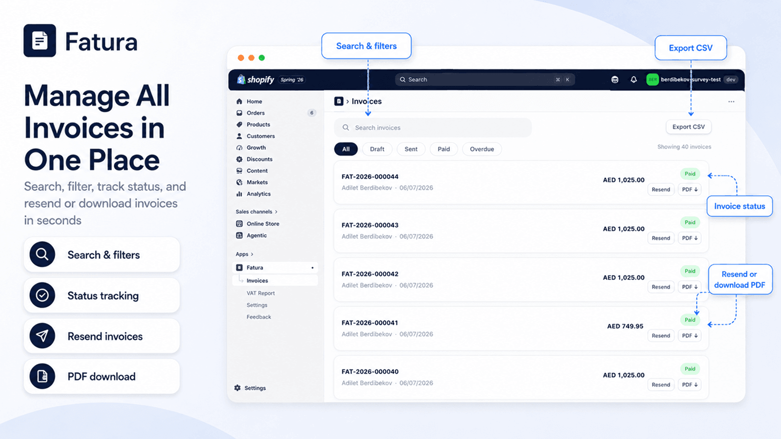 Fatura invoice list with search and filters inside Shopify admin