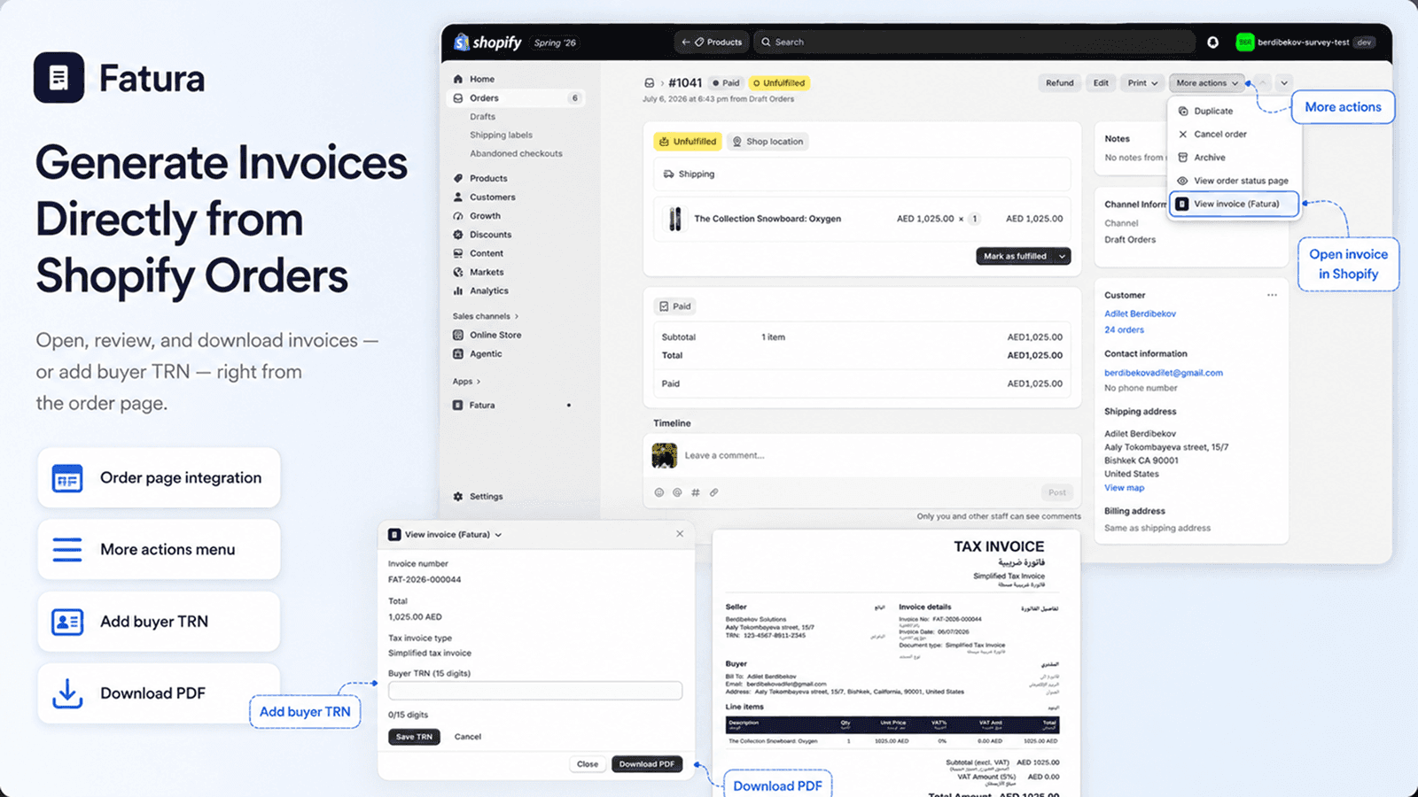 Fatura invoice actions on the Shopify order page including TRN entry